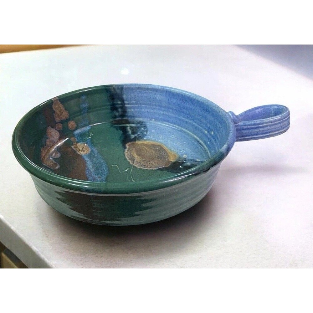 Signed Studio Art Pottery Handled Soup Bowl Blue Green Drip Glaze Handmade